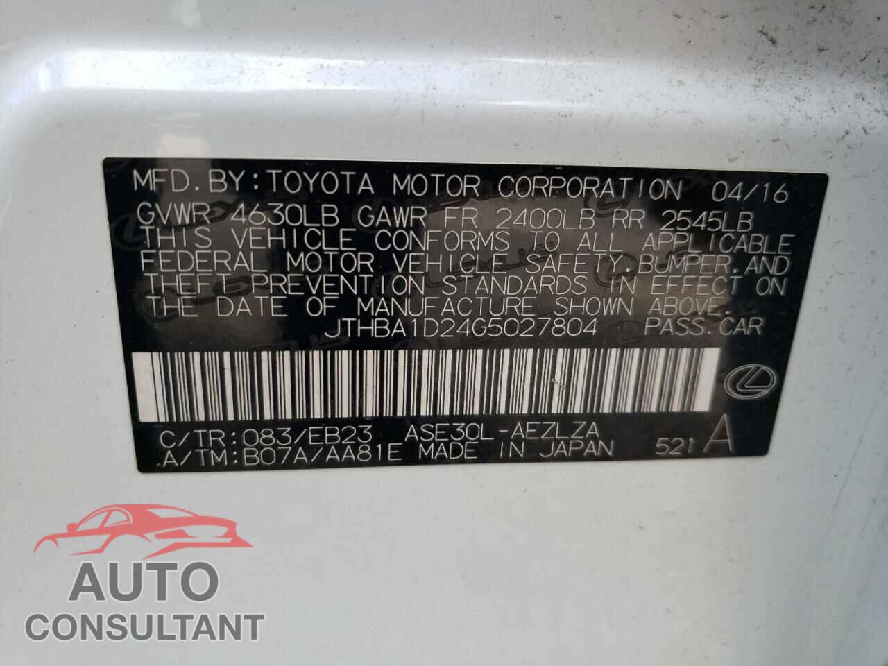 LEXUS IS 2016 - JTHBA1D24G5027804