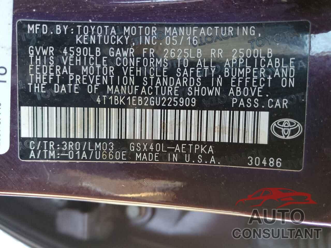 TOYOTA AVALON 2016 - 4T1BK1EB2GU225909