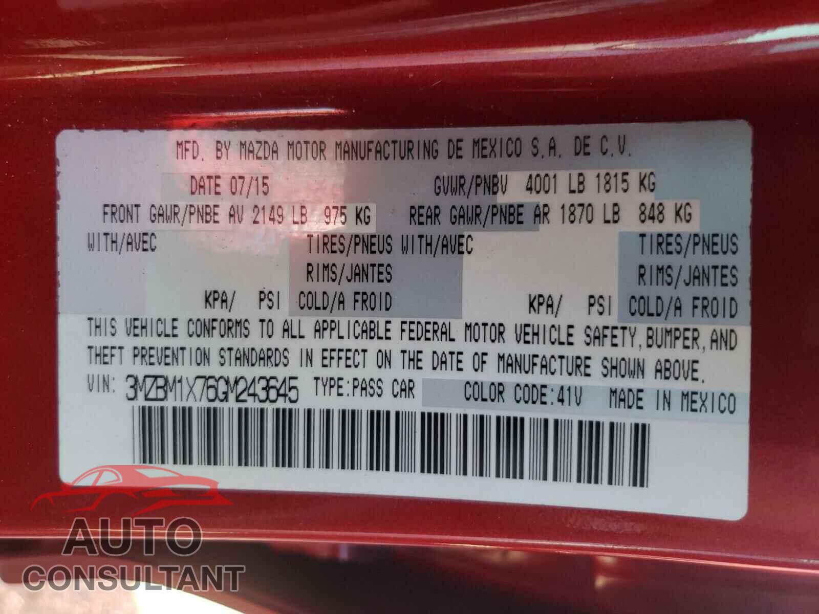 MAZDA 3 2016 - 3MZBM1X76GM243645