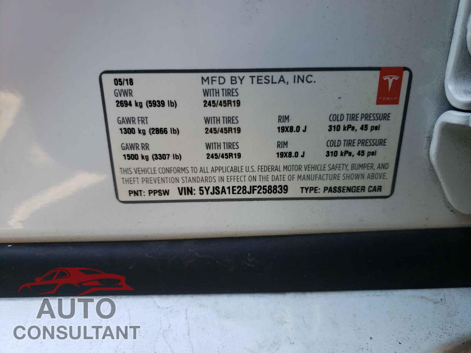 TESLA MODEL S 2018 - 5YJSA1E28JF258839