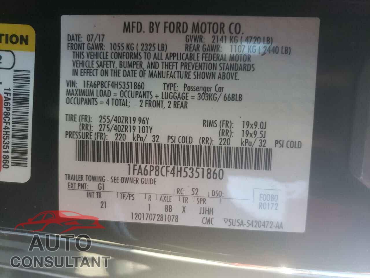 FORD MUSTANG 2017 - 1FA6P8CF4H5351860