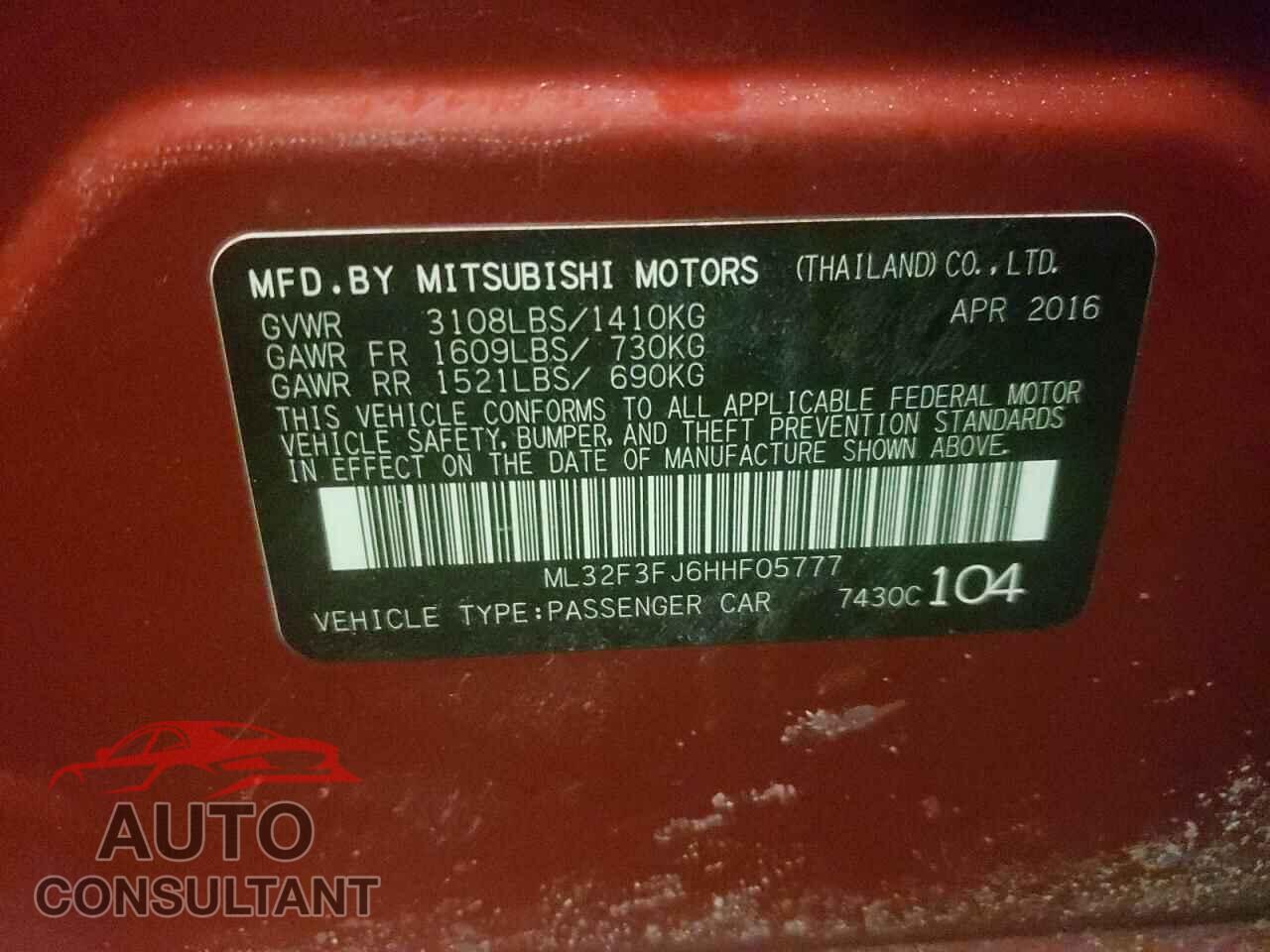 MITSUBISHI MIRAGE 2017 - ML32F3FJ6HHF05777