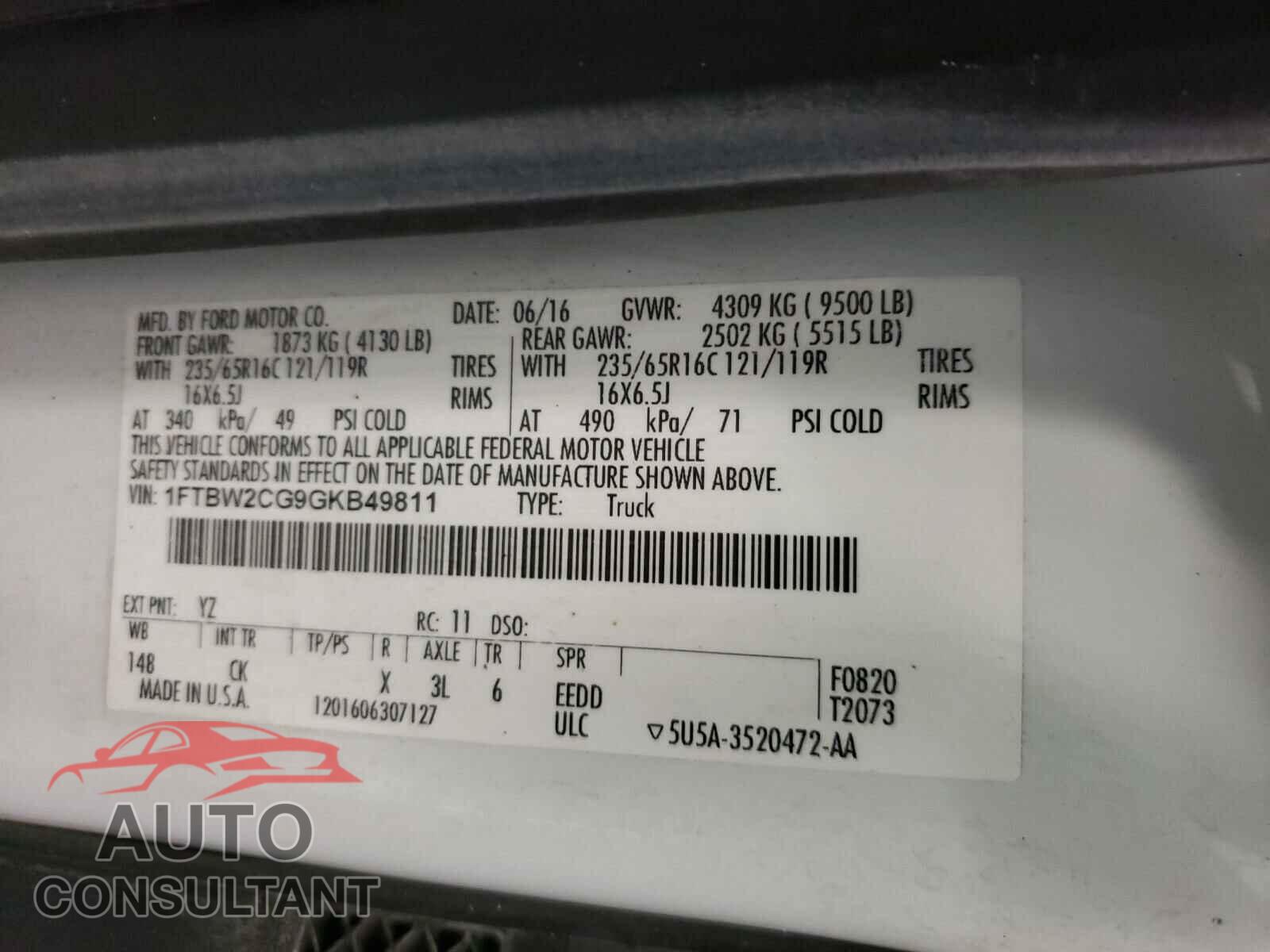 FORD TRANSIT CO 2016 - 1FTBW2CG9GKB49811