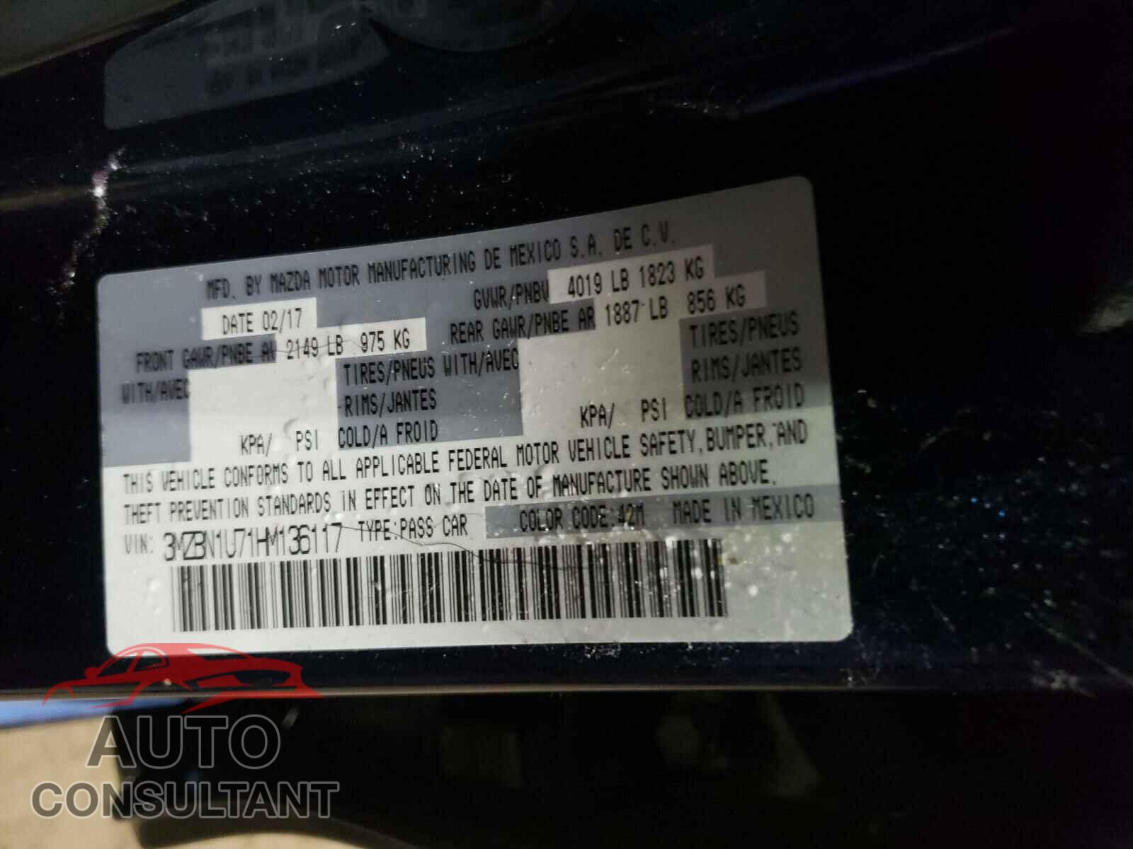 MAZDA 3 2017 - 3MZBN1U71HM136117