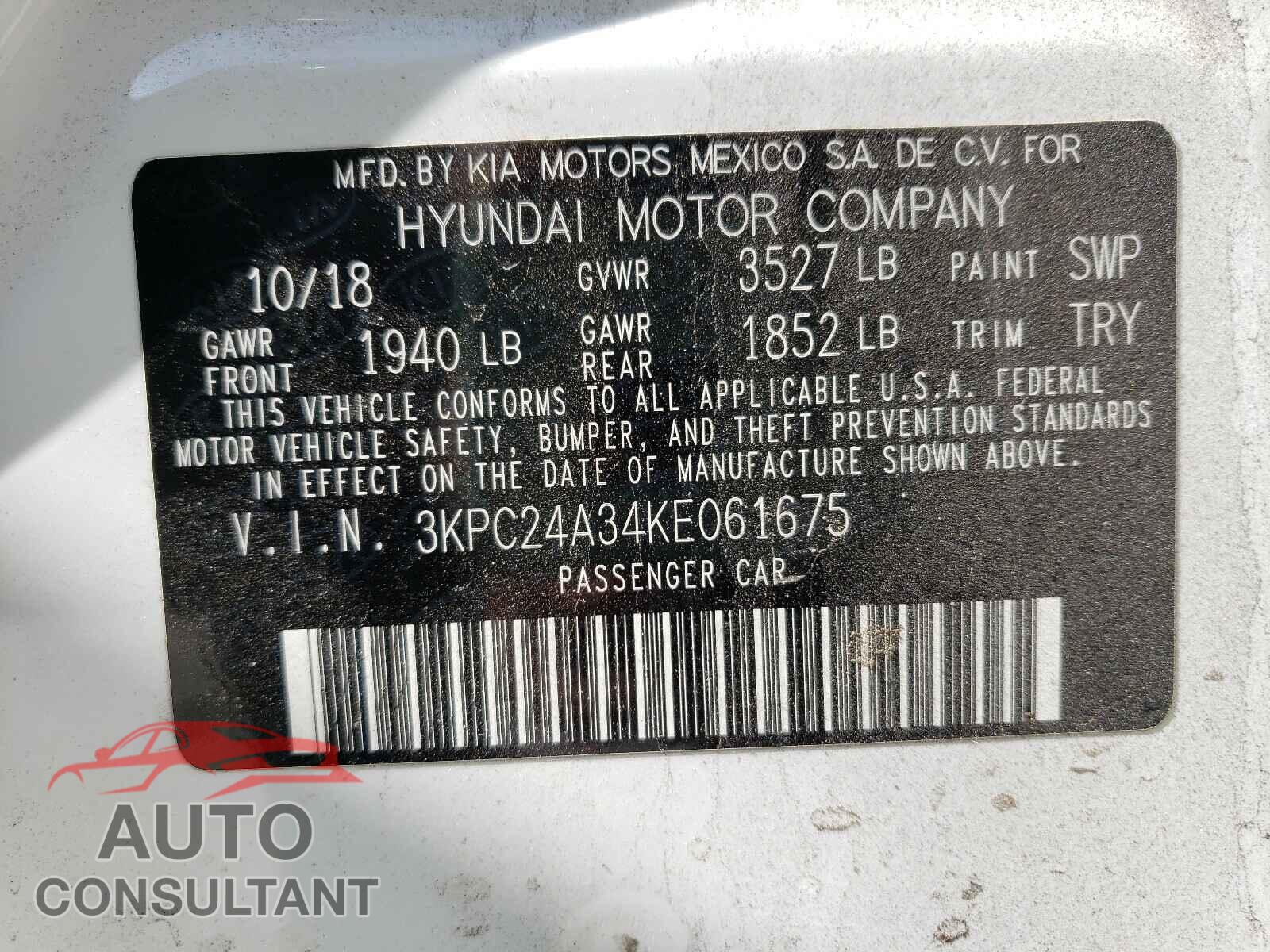 HYUNDAI ACCENT 2019 - 3KPC24A34KE061675