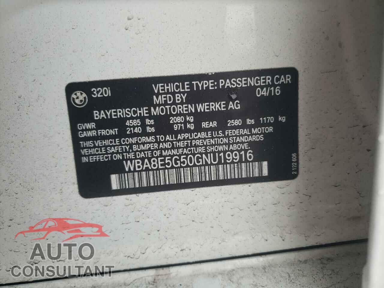 BMW 3 SERIES 2016 - WBA8E5G50GNU19916