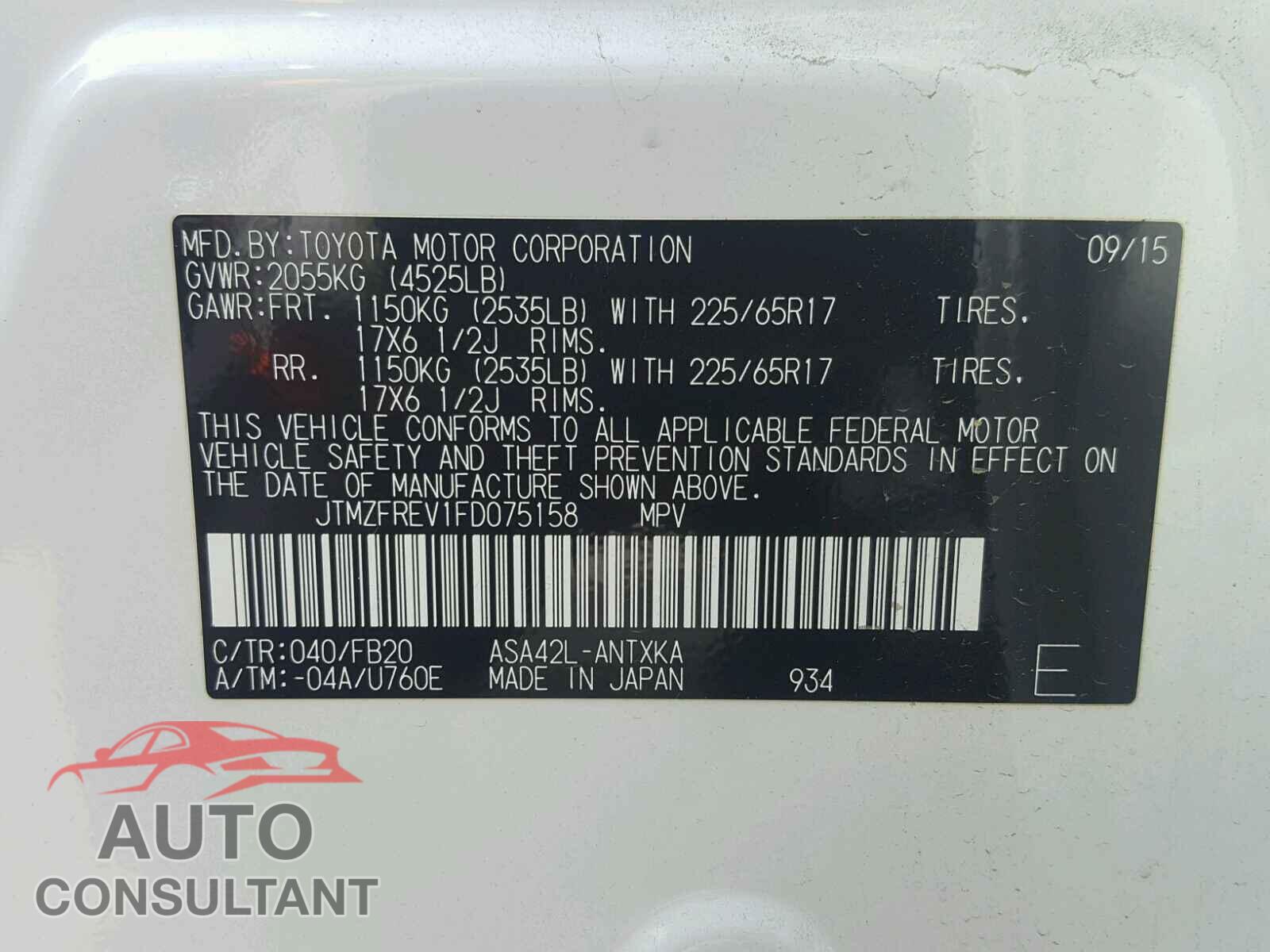 TOYOTA RAV4 2015 - JTMZFREV1FD075158