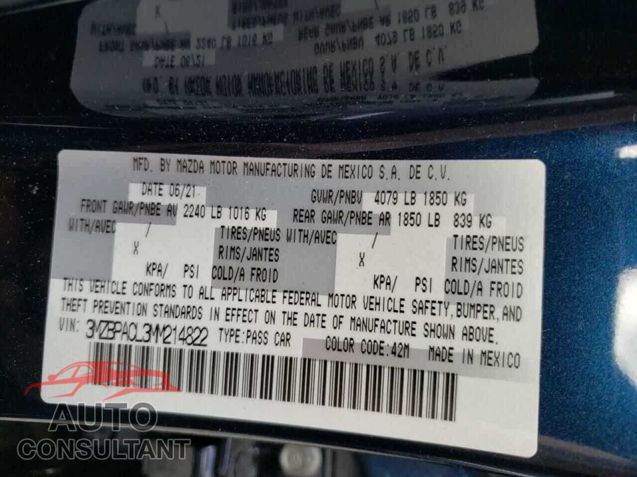 MAZDA 3 2021 - 3MZBPACL3MM214822