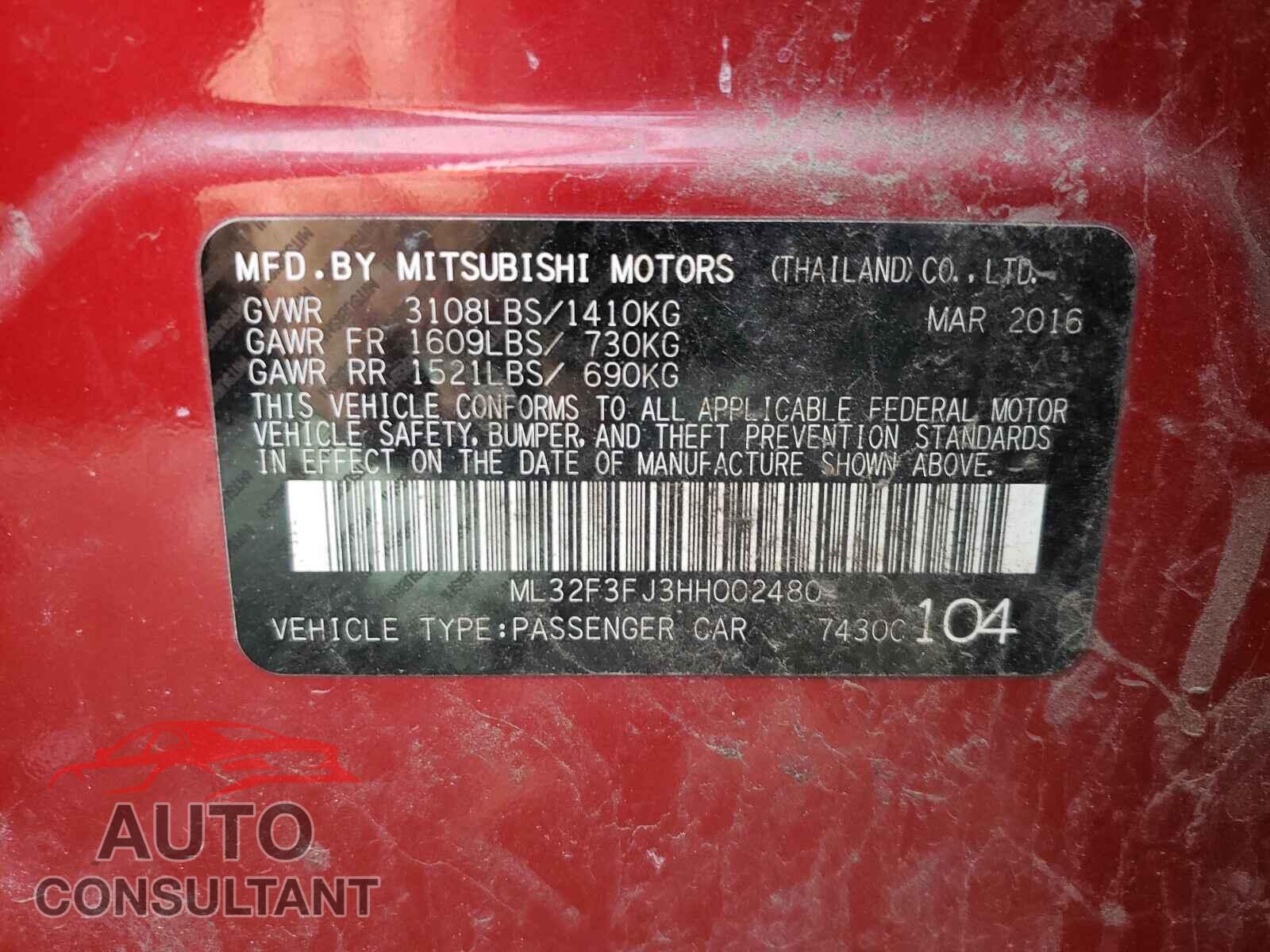 MITSUBISHI MIRAGE 2017 - ML32F3FJ3HH002480