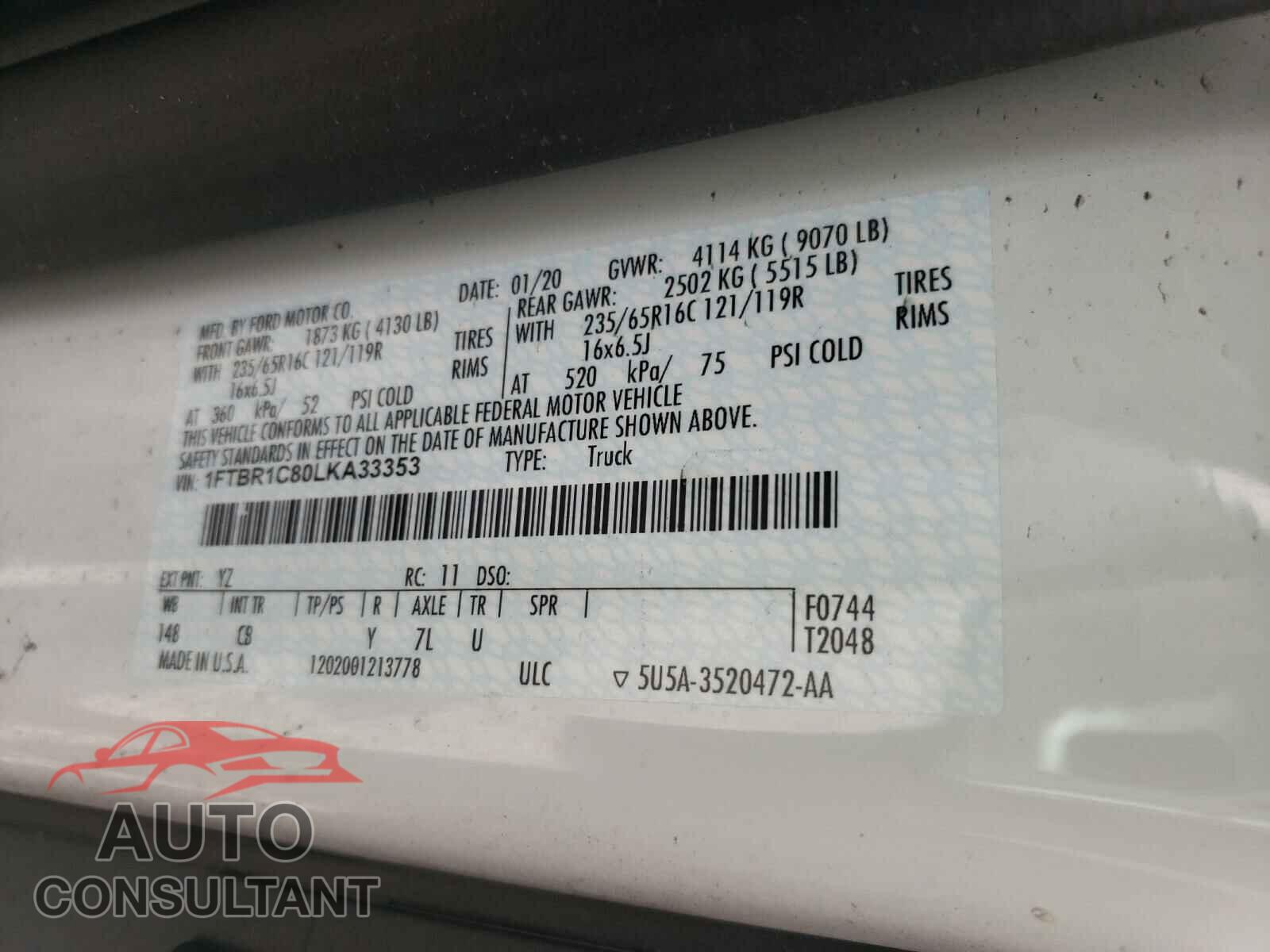 FORD TRANSIT CO 2020 - 1FTBR1C80LKA33353