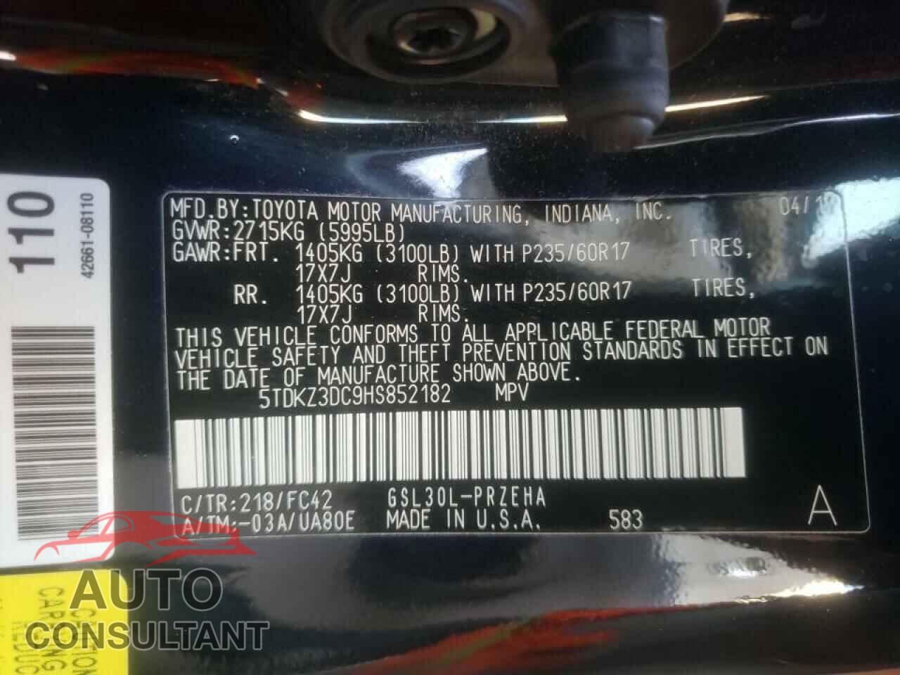 TOYOTA SIENNA 2017 - 5TDKZ3DC9HS852182