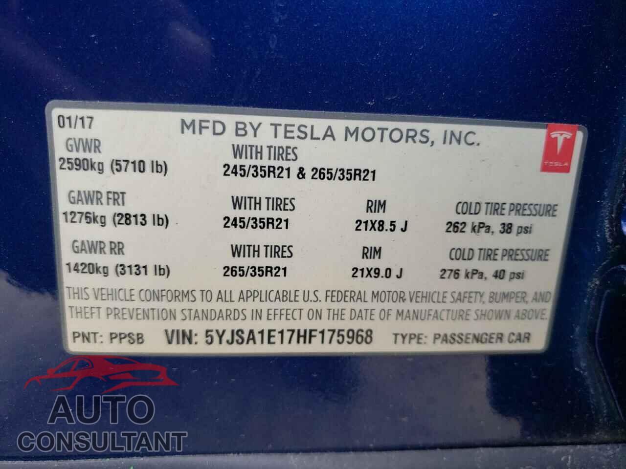 TESLA MODEL S 2017 - 5YJSA1E17HF175968