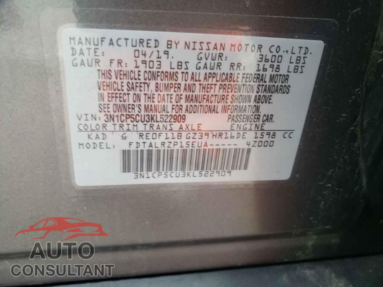 NISSAN KICKS 2019 - 3N1CP5CU3KL522909