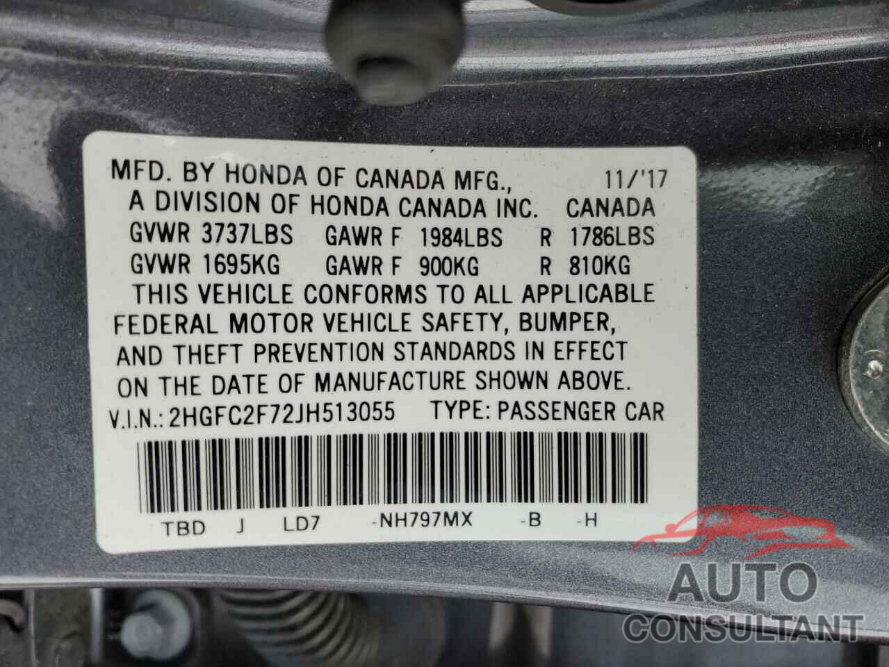 HONDA CIVIC 2018 - 2HGFC2F72JH513055