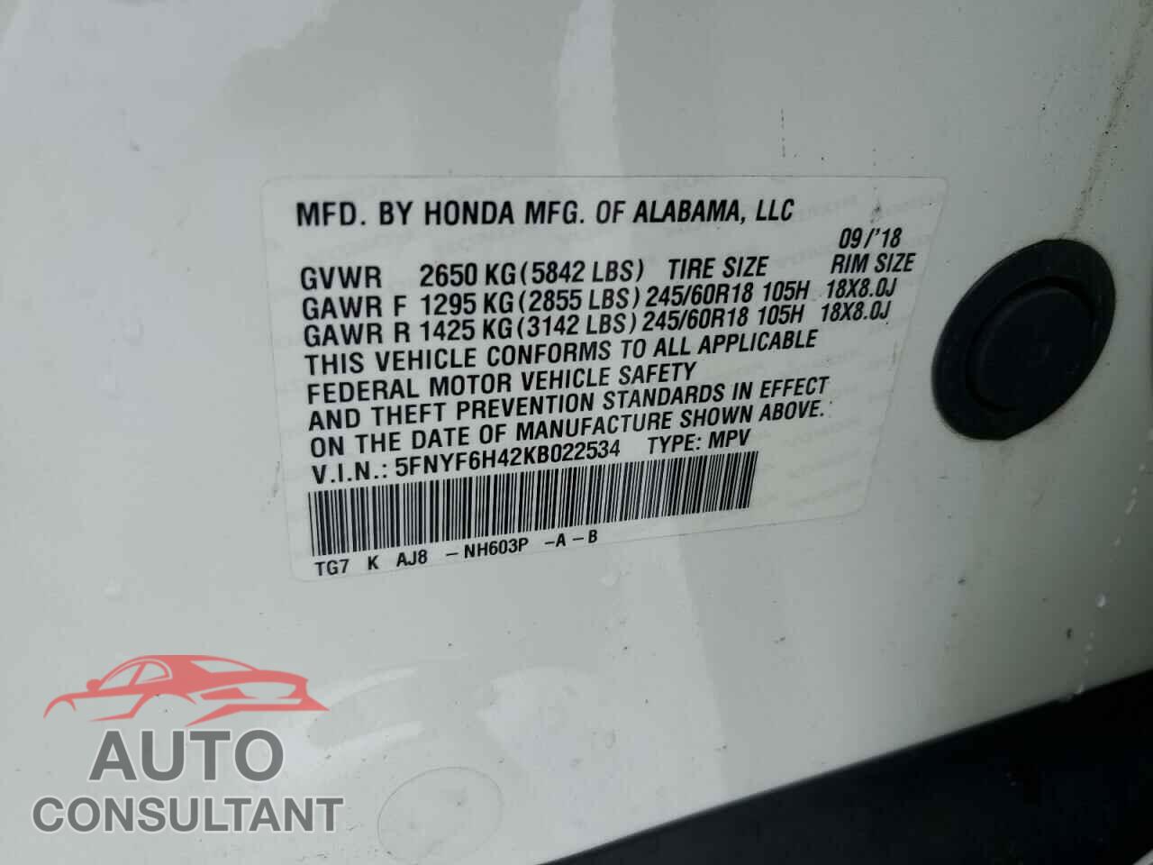 HONDA PILOT 2019 - 5FNYF6H42KB022534