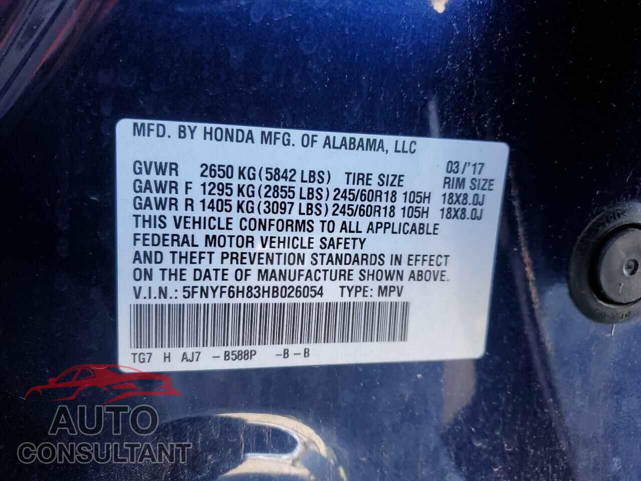 HONDA PILOT 2017 - 5FNYF6H83HB026054