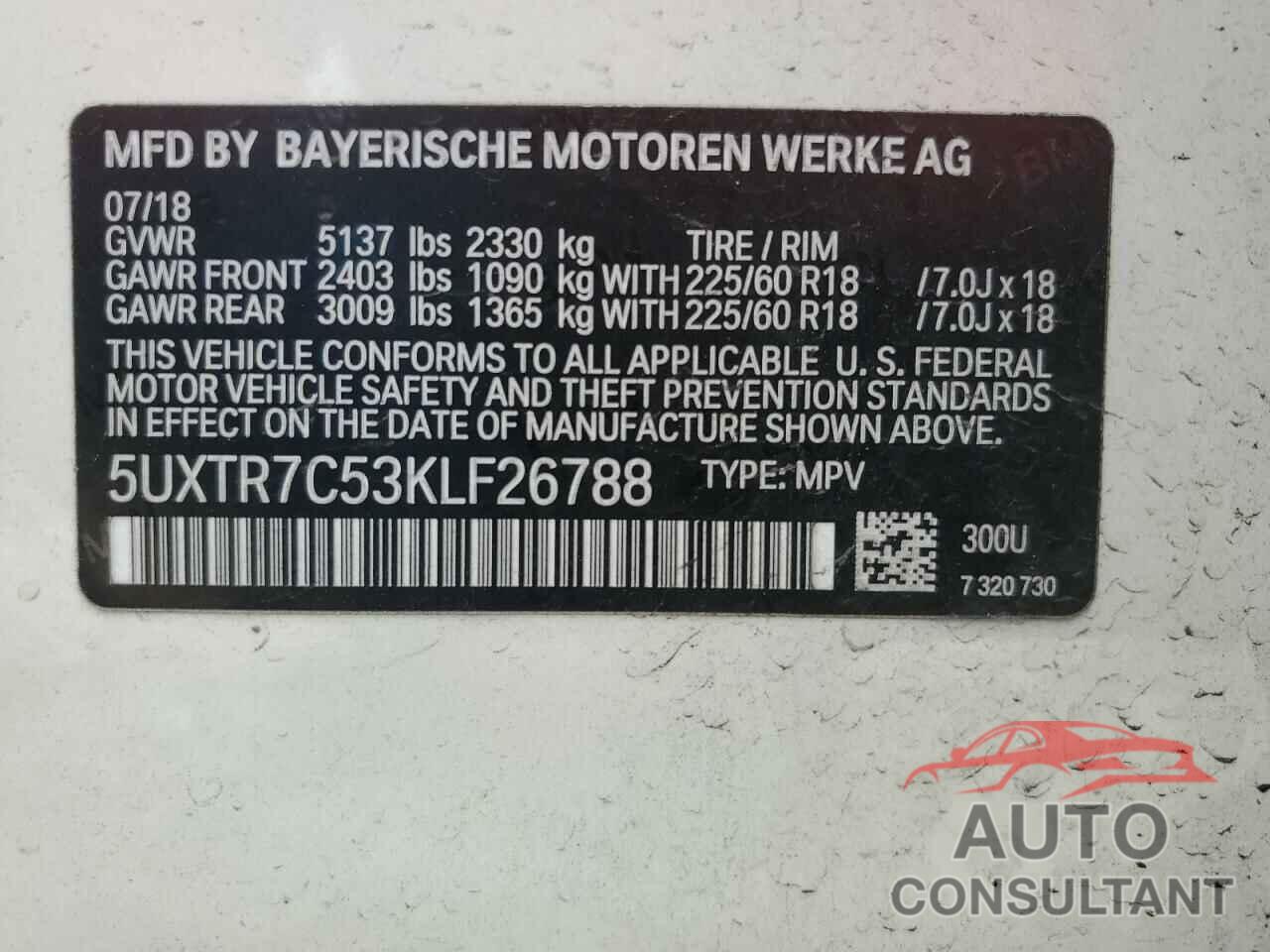 BMW X3 2019 - 5UXTR7C53KLF26788