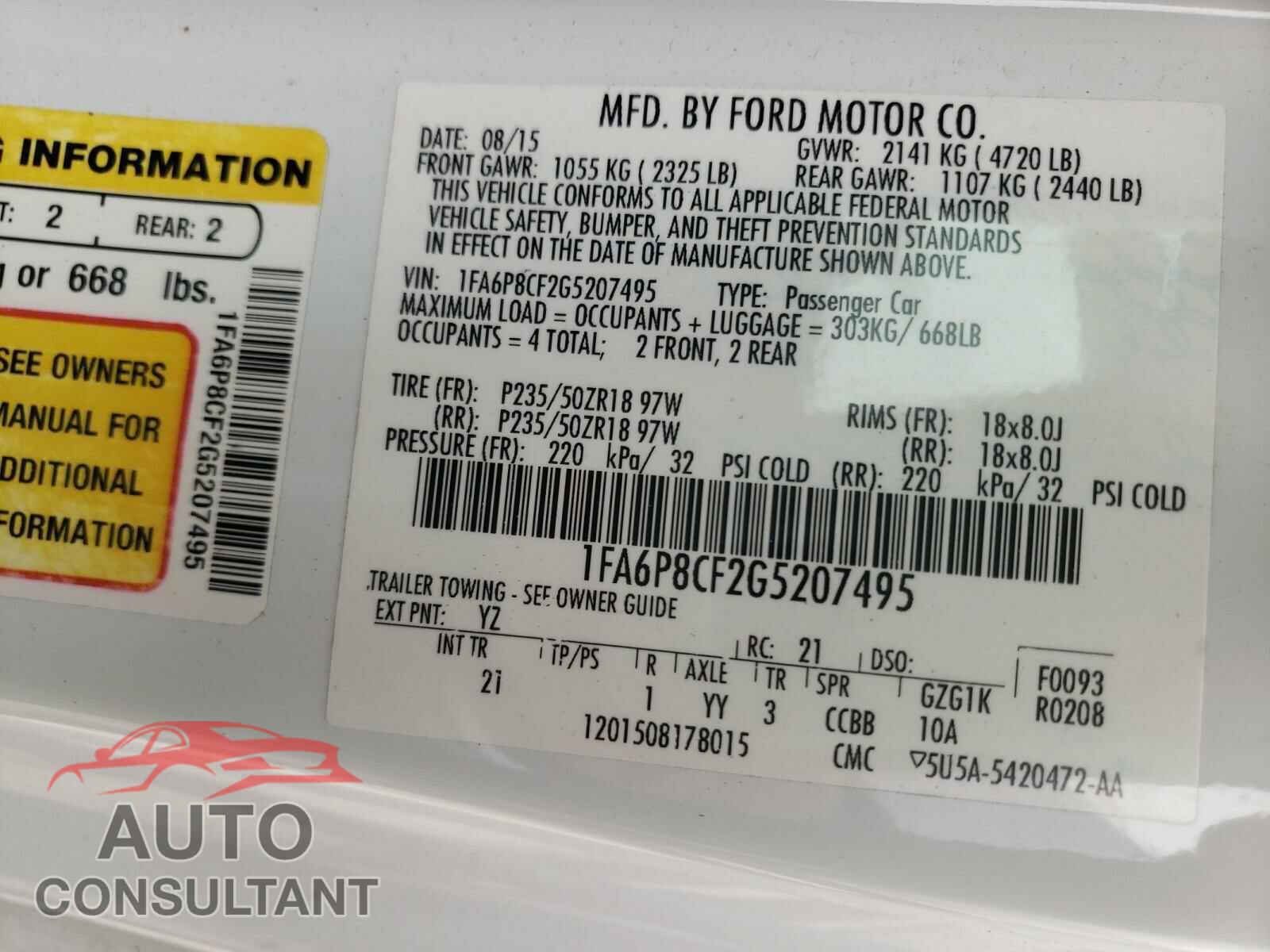 FORD MUSTANG 2016 - 1FA6P8CF2G5207495