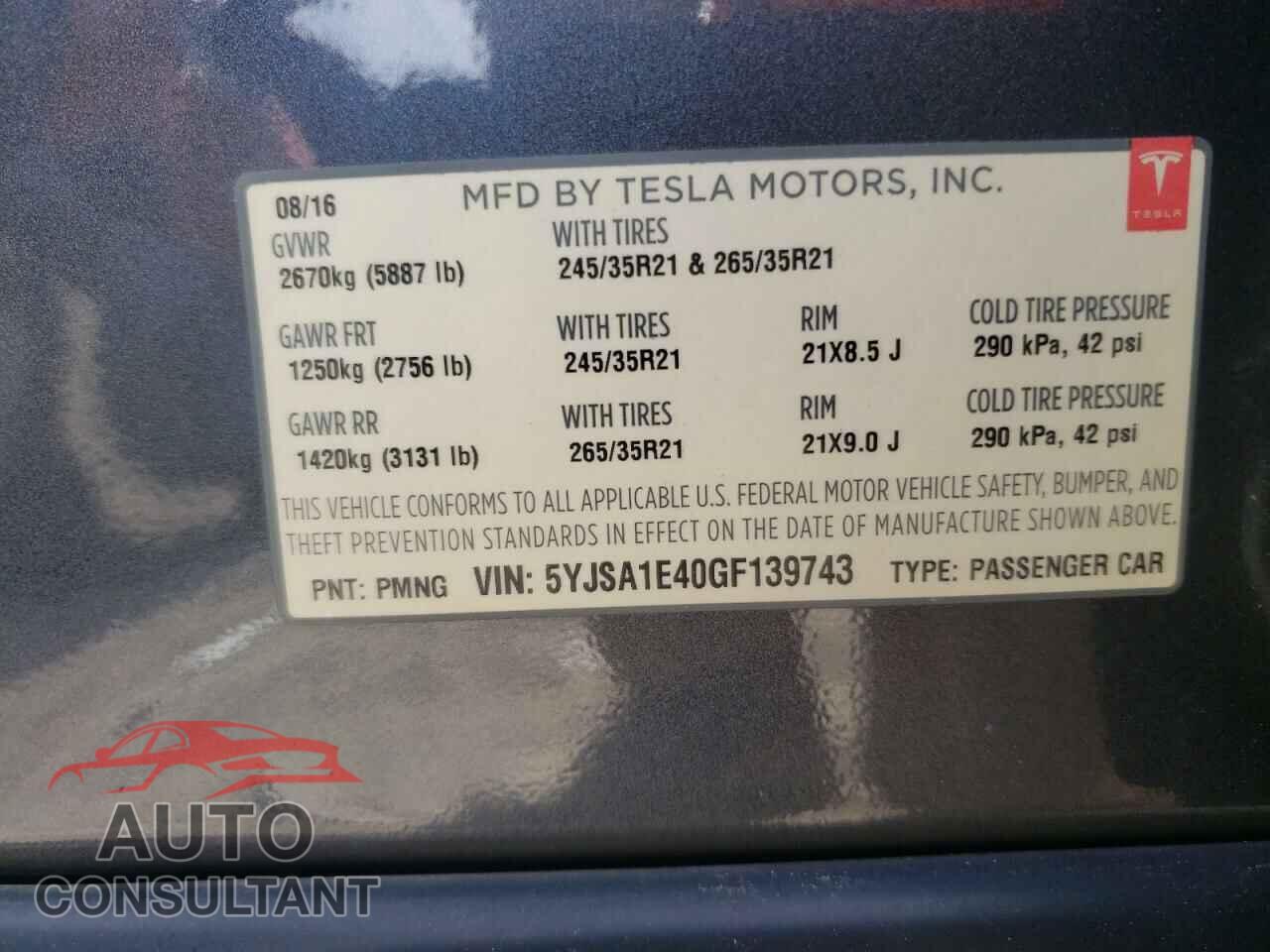TESLA MODEL S 2016 - 5YJSA1E40GF139743