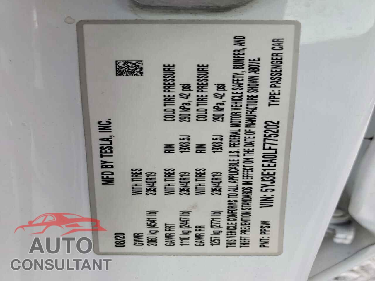 TESLA MODEL 3 2020 - 5YJ3E1EA0LF775202