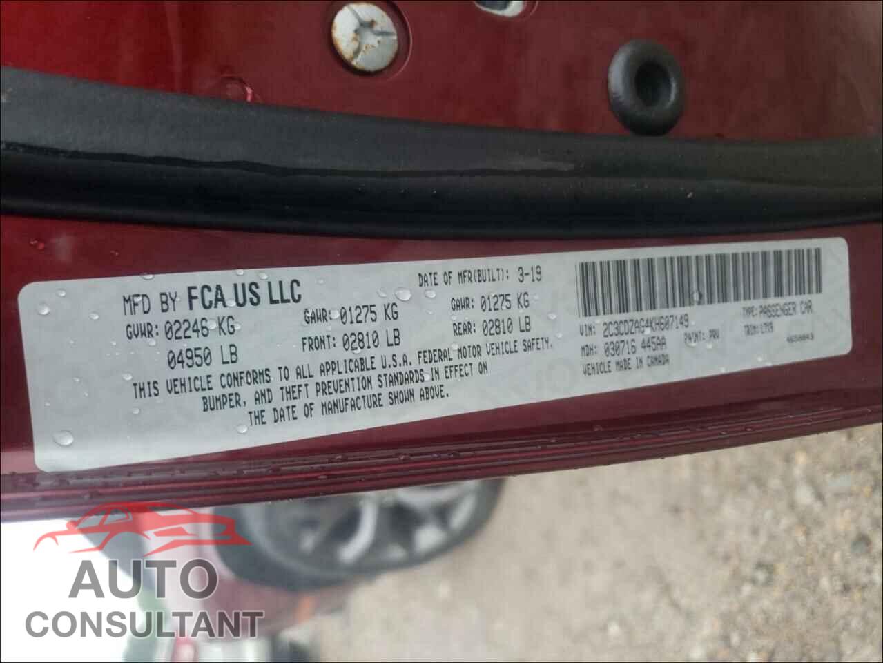 DODGE CHALLENGER 2019 - 2C3CDZAG4KH607149