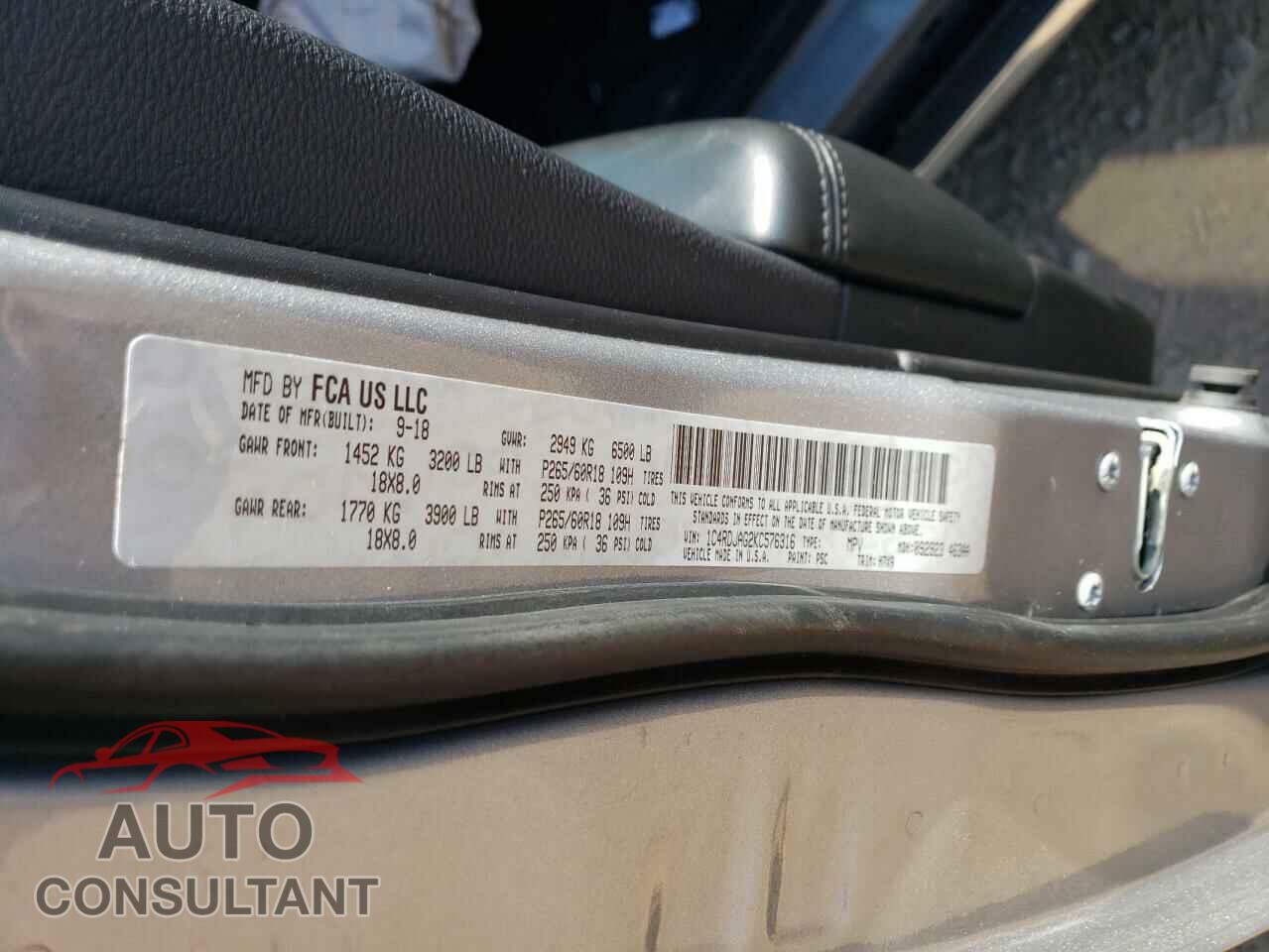 DODGE DURANGO 2019 - 1C4RDJAG2KC576316