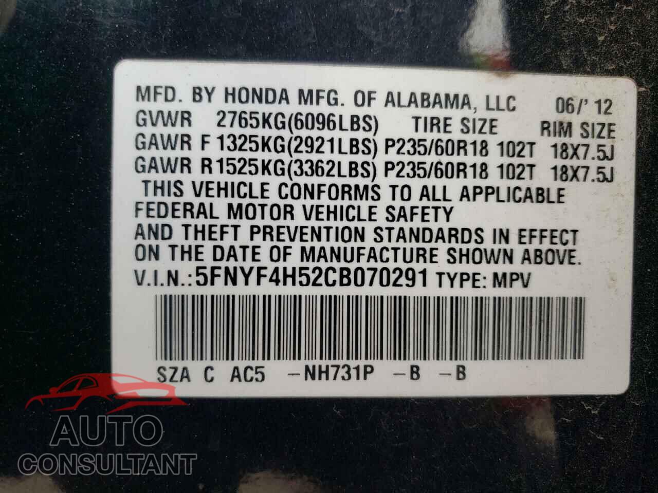 HONDA PILOT 2012 - 5FNYF4H52CB070291