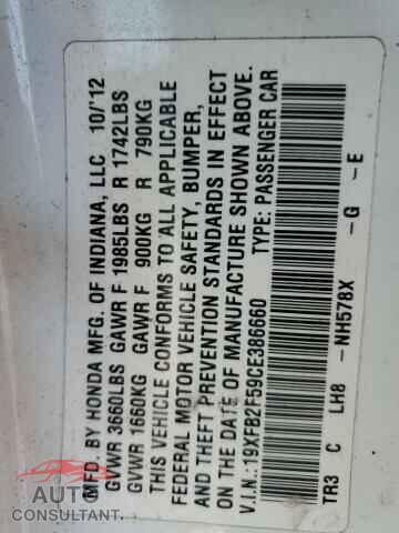 HONDA CIVIC 2012 - 19XFB2F59CE386660