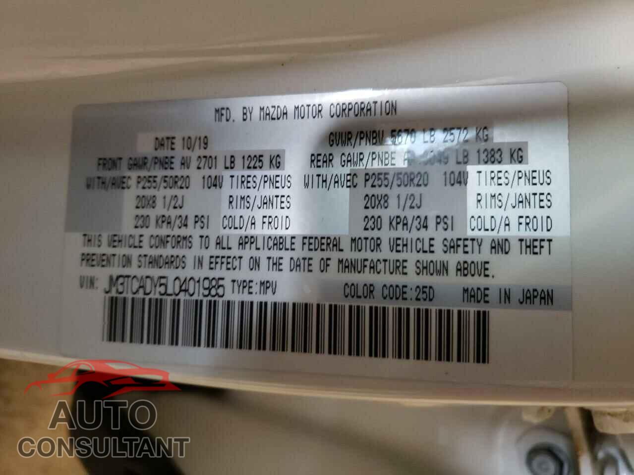 MAZDA CX-9 2020 - JM3TCADY5L0401985