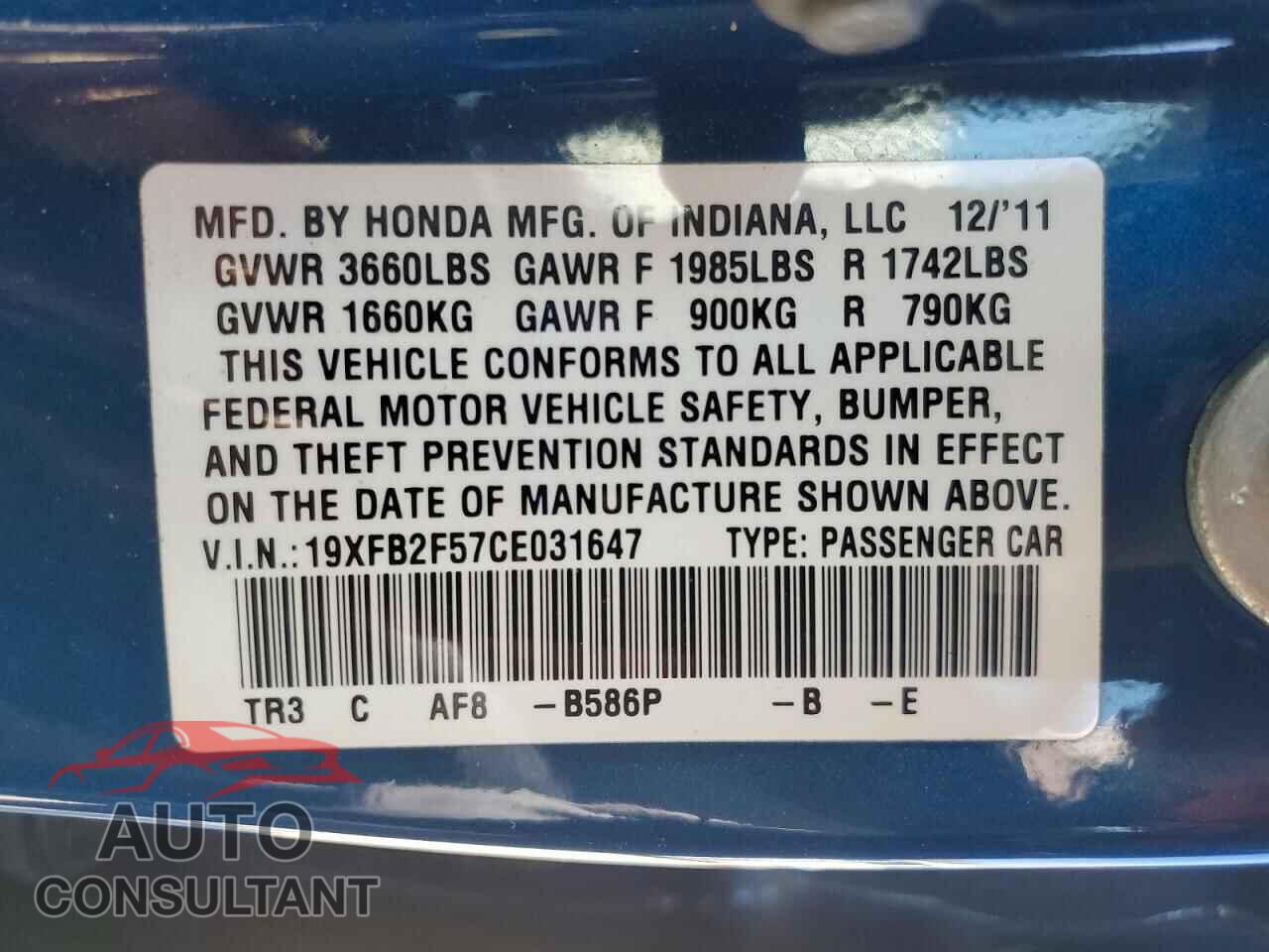 HONDA CIVIC 2012 - 19XFB2F57CE031647