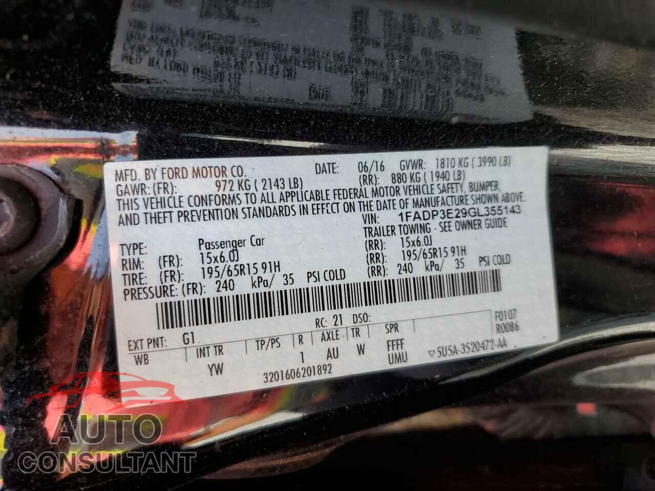 FORD FOCUS 2016 - 1FADP3E29GL355143