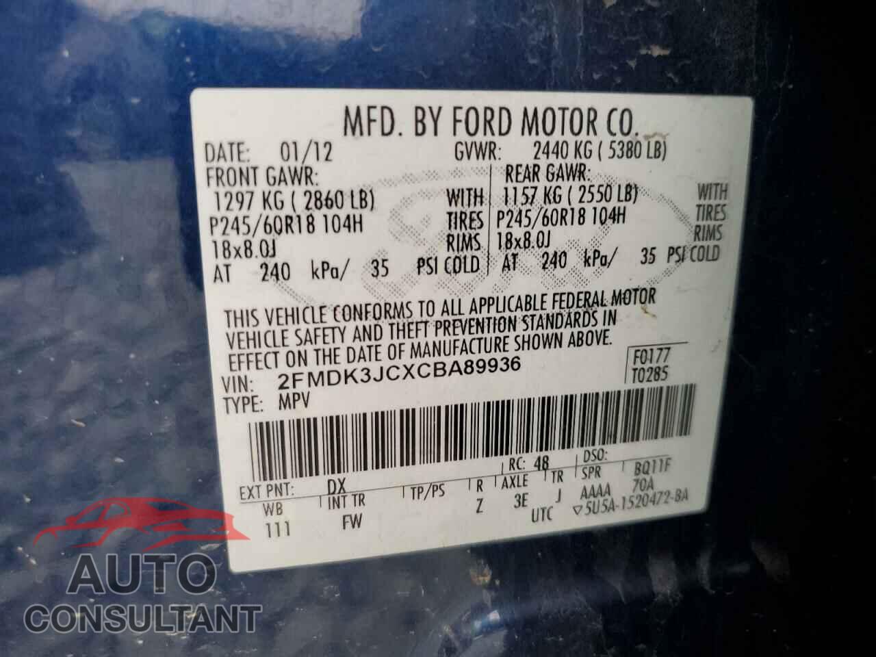 FORD EDGE 2012 - 2FMDK3JCXCBA89936