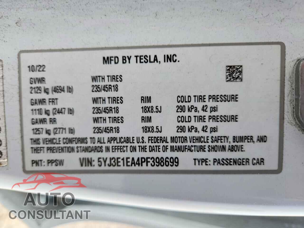 TESLA MODEL 3 2023 - 5YJ3E1EA4PF398699