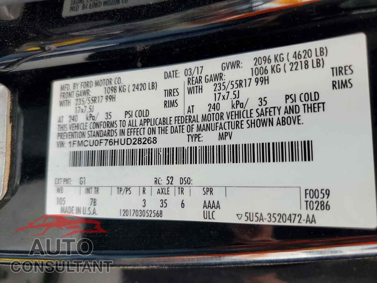 FORD ESCAPE 2017 - 1FMCU0F76HUD28268