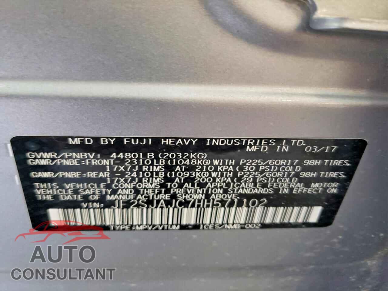 SUBARU FORESTER 2017 - JF2SJAJC7HH571102