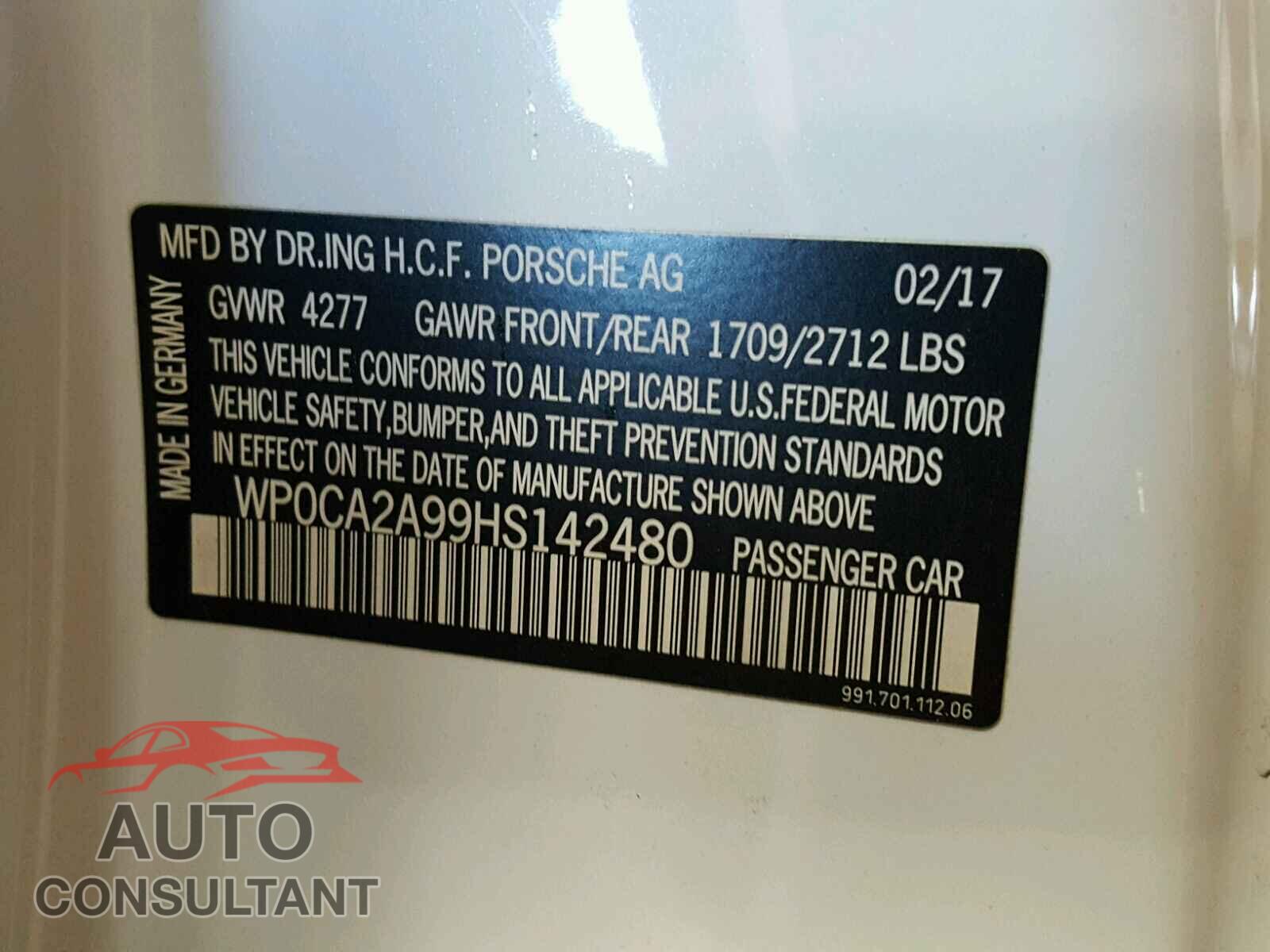 PORSCHE 911 2017 - WP0CA2A99HS142480