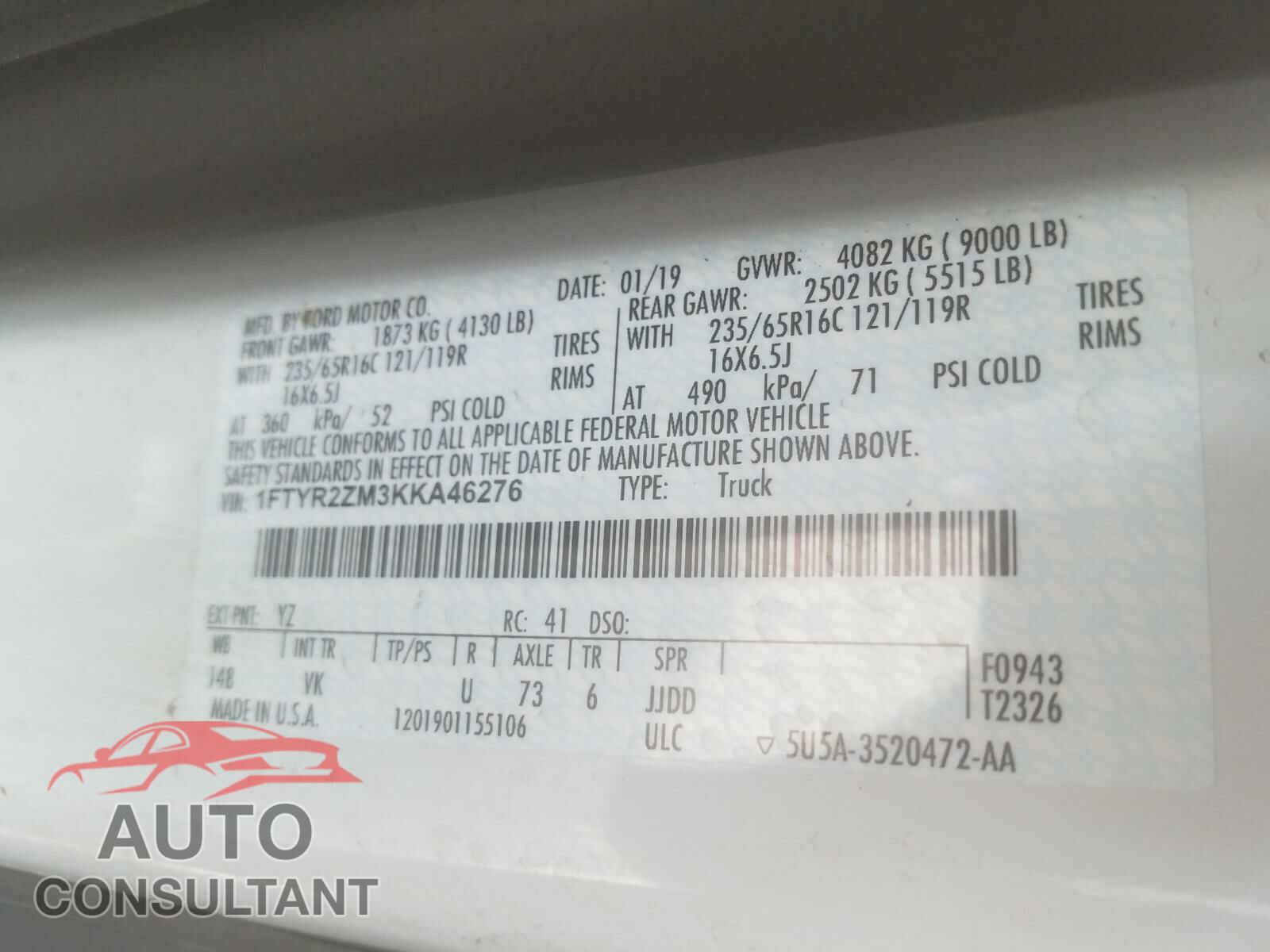 FORD TRANSIT CO 2019 - 1FTYR2ZM3KKA46276