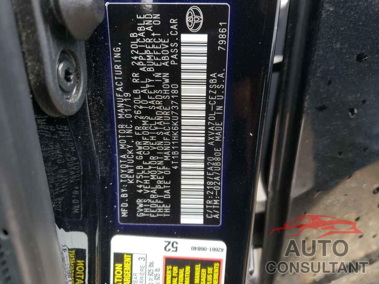 TOYOTA CAMRY 2019 - 4T1B11HK6KU737180