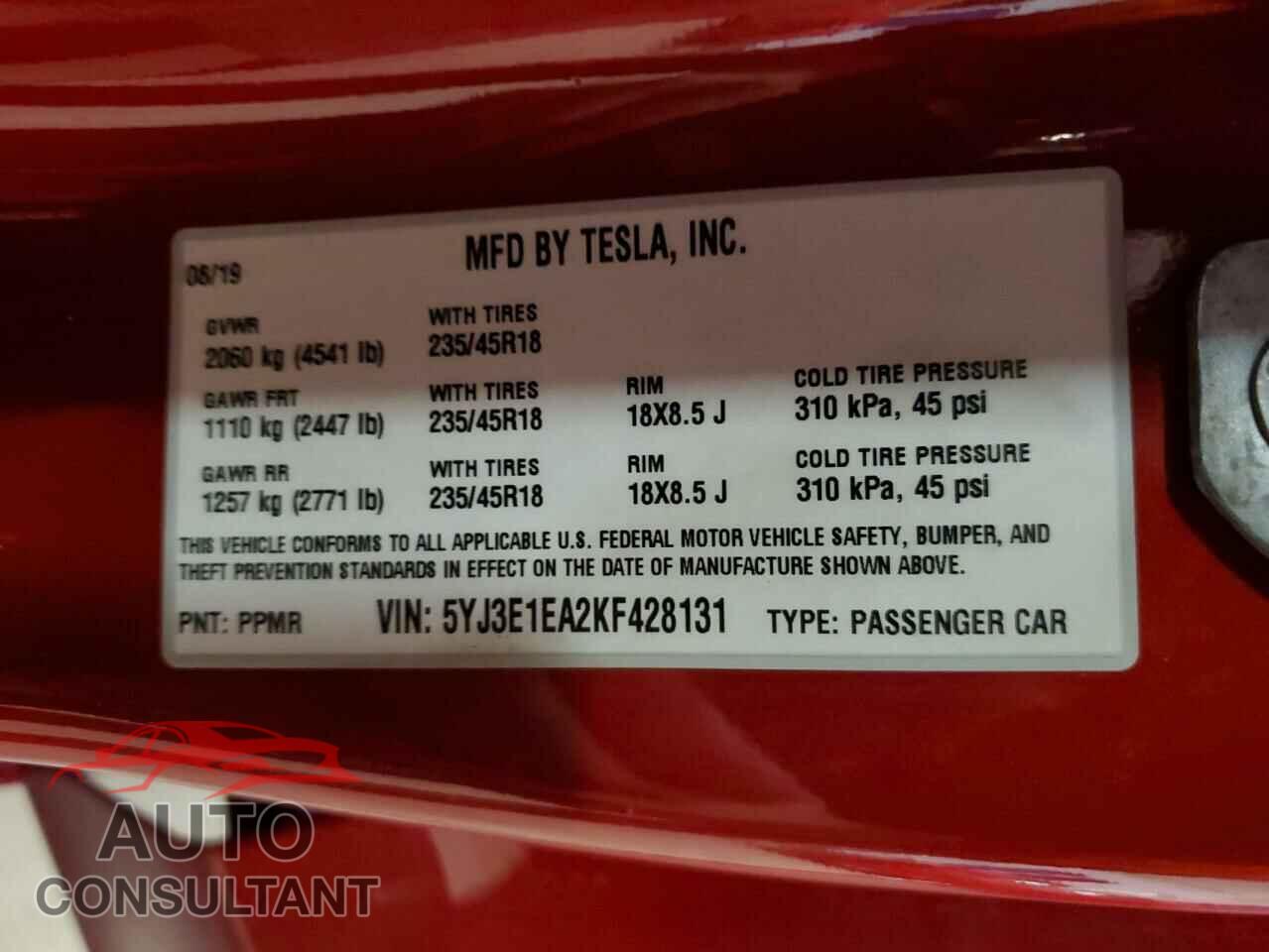TESLA MODEL 3 2019 - 5YJ3E1EA2KF428131