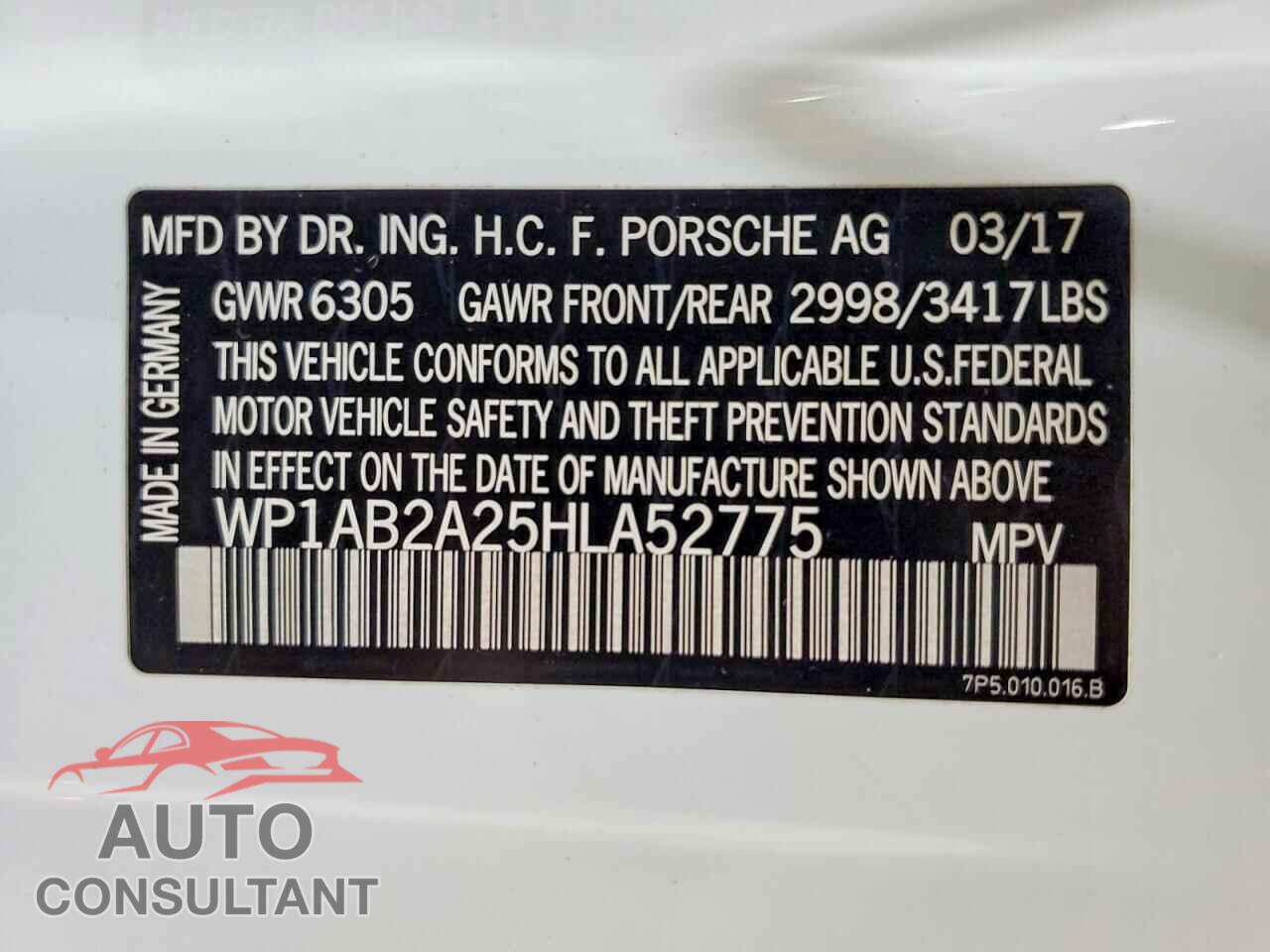 PORSCHE CAYENNE 2017 - WP1AB2A25HLA52775