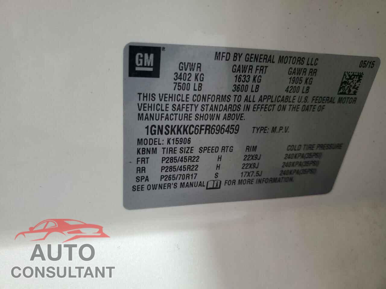 CHEVROLET SUBURBAN 2015 - 1GNSKKKC6FR696459
