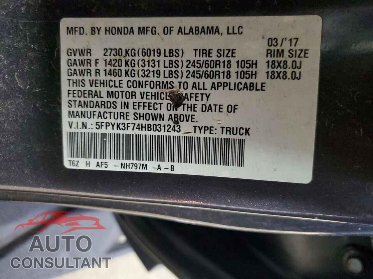 HONDA RIDGELINE 2017 - 5FPYK3F74HB031243
