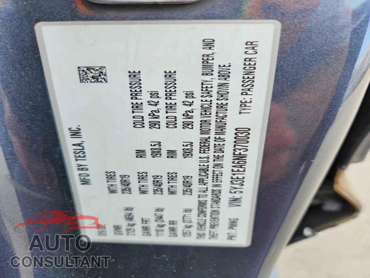 TESLA MODEL 3 2022 - 5YJ3E1EA6NF370030