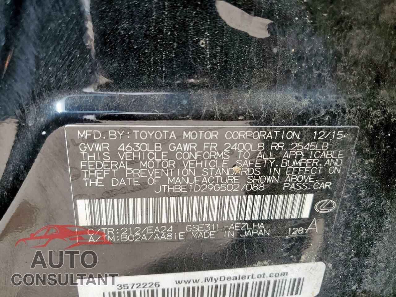 LEXUS IS 2016 - JTHBE1D29G5027088
