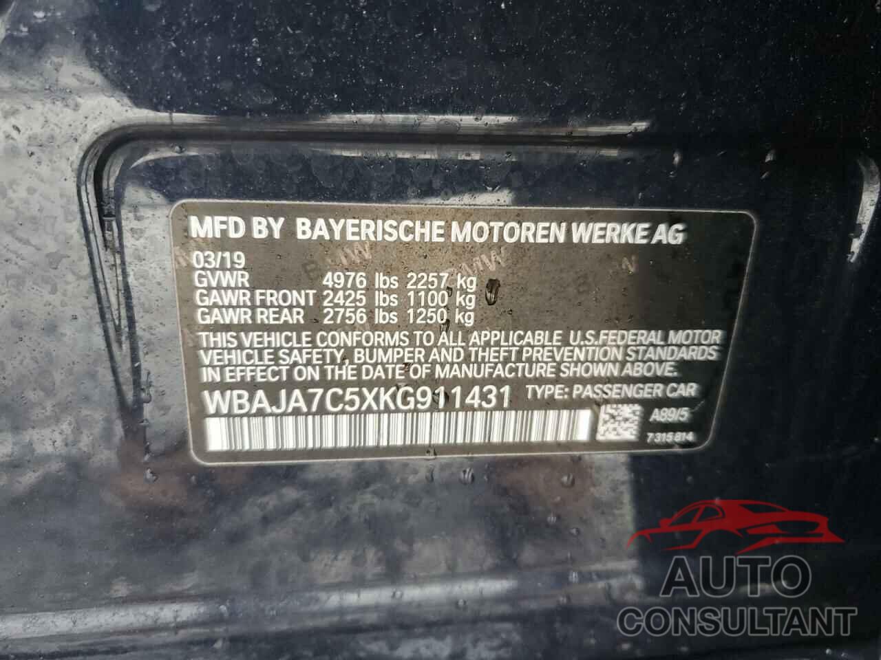 BMW 5 SERIES 2019 - WBAJA7C5XKG911431