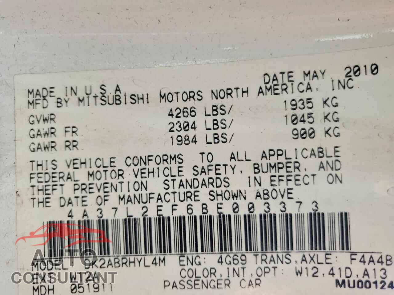MITSUBISHI ECLIPSE 2011 - 4A37L2EF6BE003373