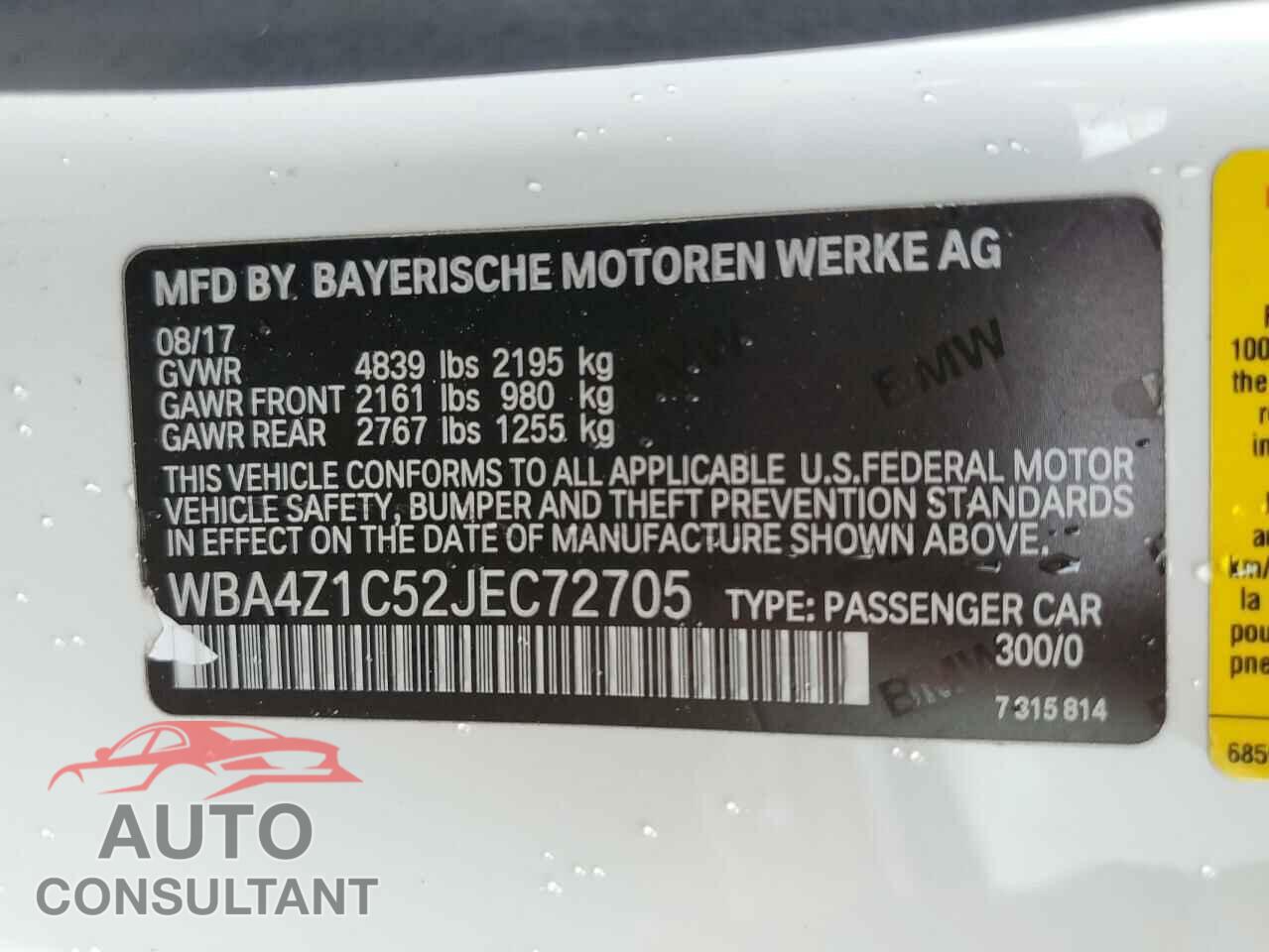 BMW 4 SERIES 2018 - WBA4Z1C52JEC72705