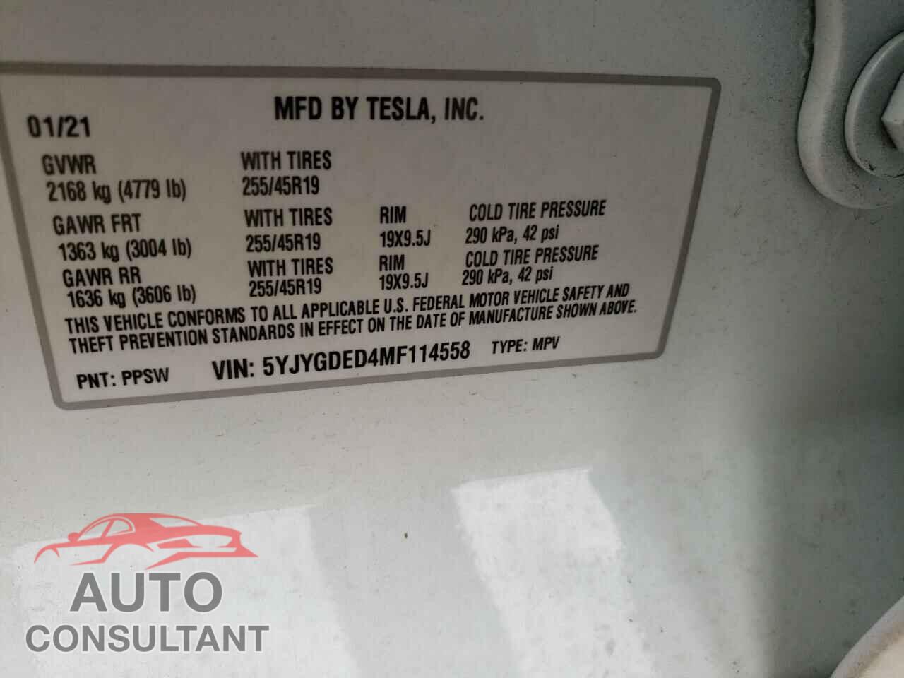 TESLA MODEL Y 2021 - 5YJYGDED4MF114558