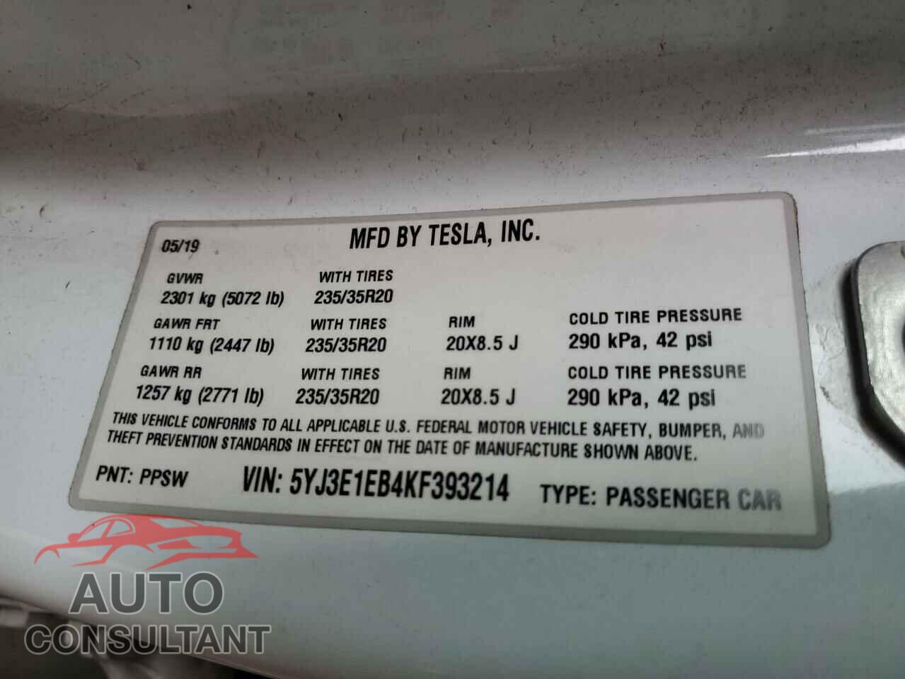 TESLA MODEL 3 2019 - 5YJ3E1EB4KF393214
