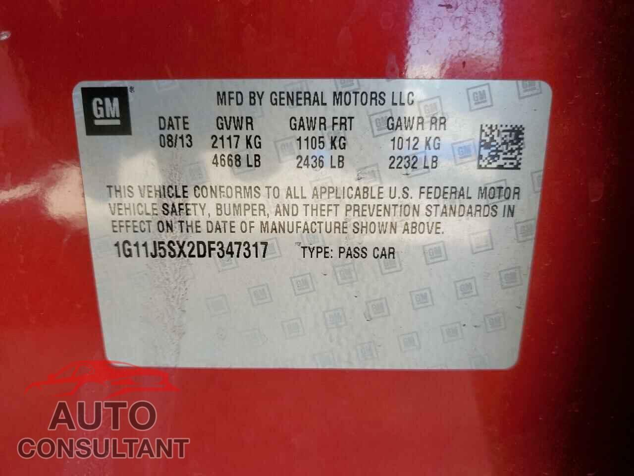 CHEVROLET MALIBU 2013 - 1G11J5SX2DF347317